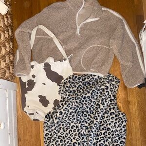 Fleece, bag, and leopard vest bundle